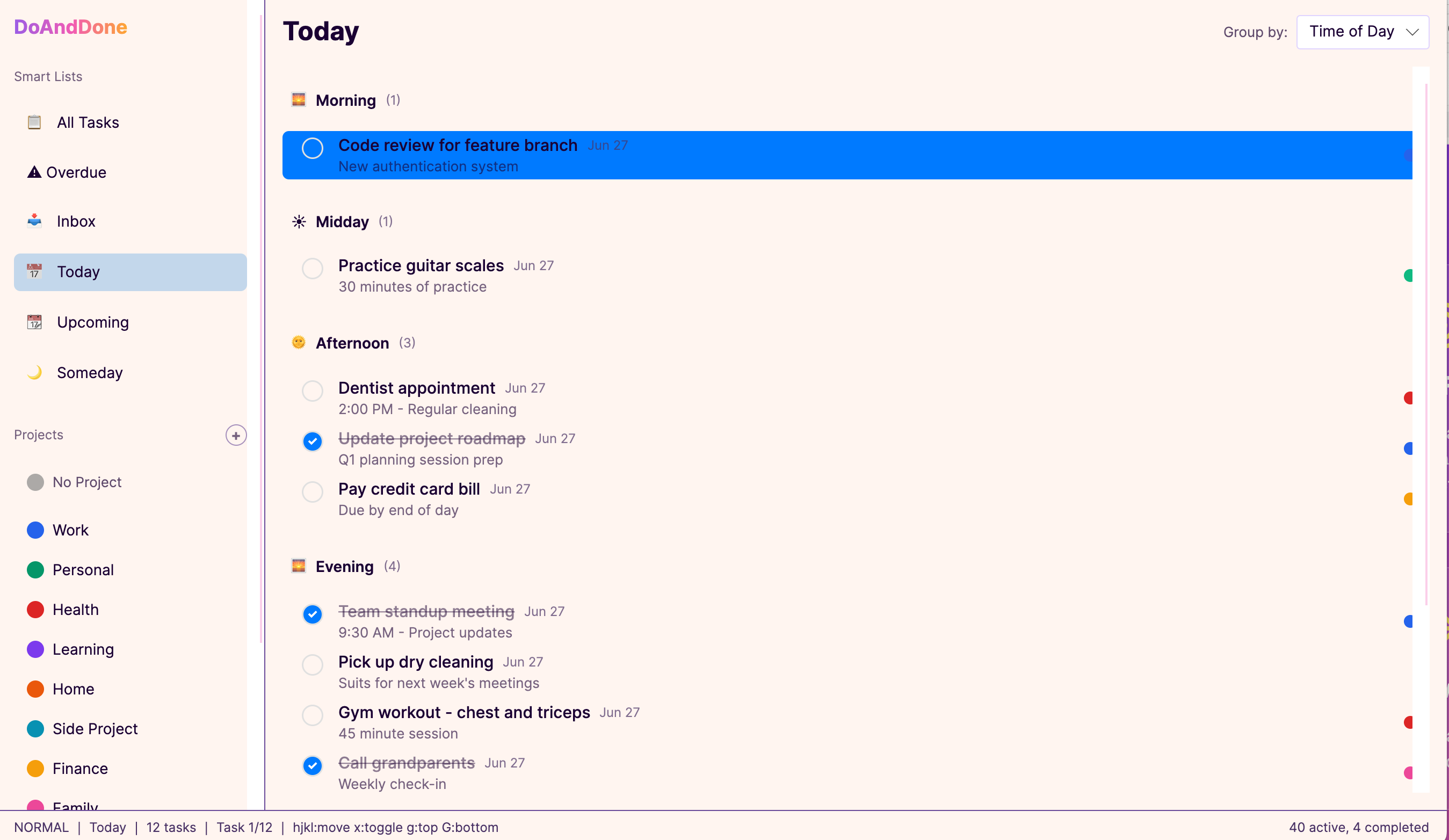 DoAndDone Application Interface showing organized tasks with Vim-style keyboard navigation